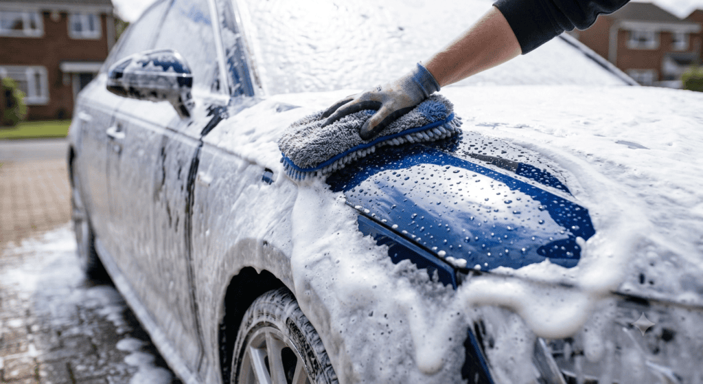 pH-neutral car shampoo safely cleaning car paint