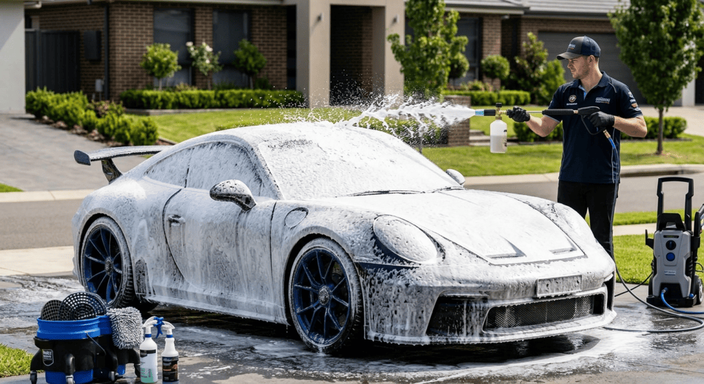 Car covered with thick snow foam during washing