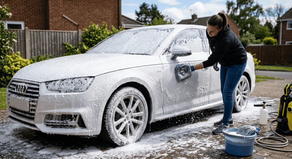 Car being washed with thick snow foam using pH-balanced car shampoo